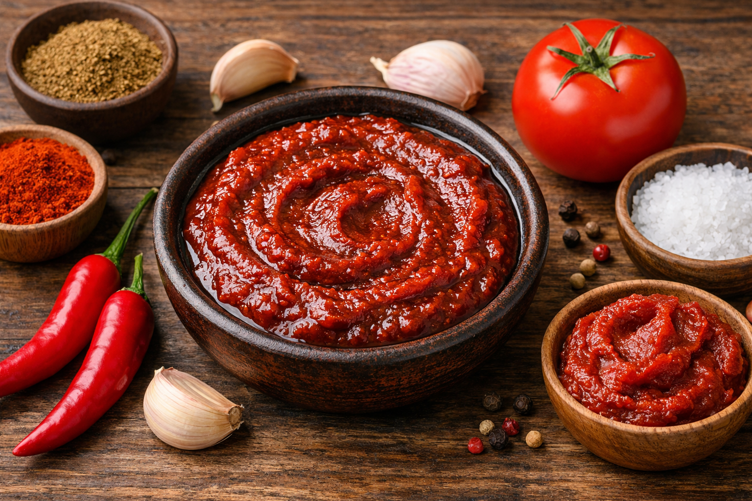 Tex-Mex paste in a bowl with chili peppers, garlic, tomato, and spices on a wooden surface