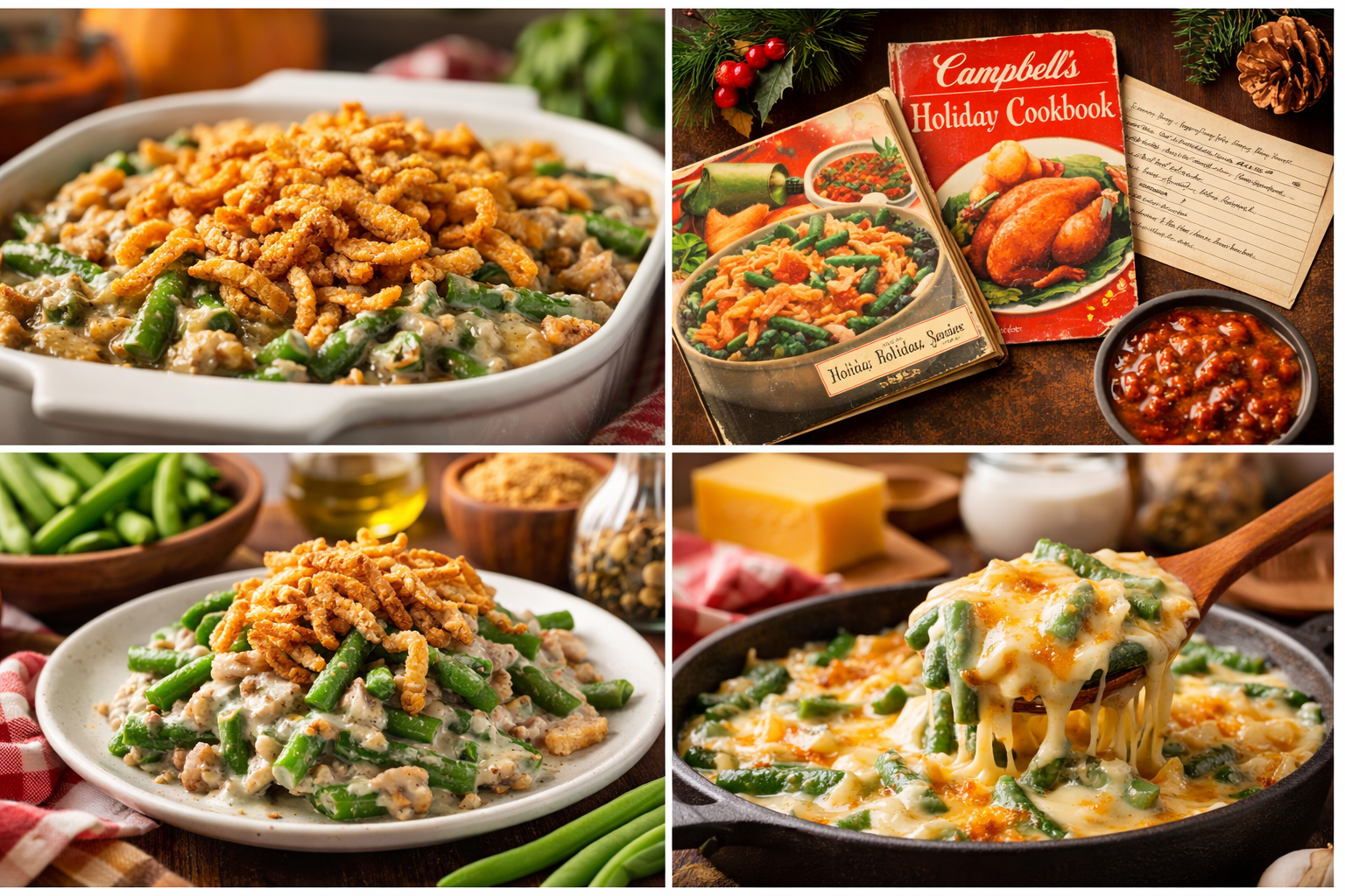 Green bean casserole topped with crispy fried onions in a baking dish