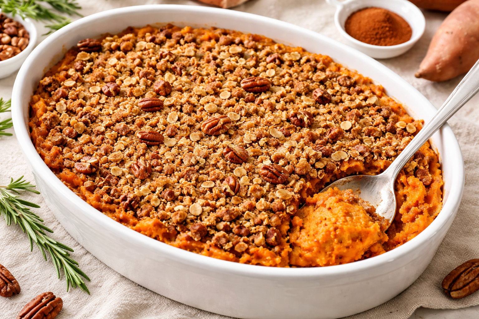 Sweet potato casserole without marshmallows topped with a crunchy pecan topping